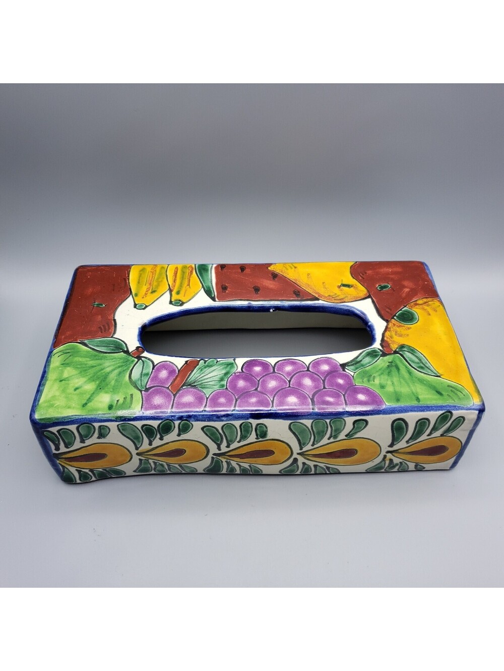 Talavera Mexico Art Pottery Tissue Box Cover Rectangle Floral Fruit Signed